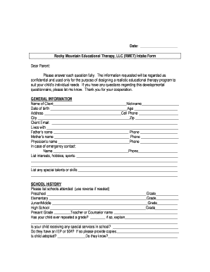 RMET Intake Form Rocky Mountain Educational Therapy