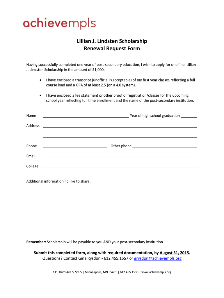 Lillian J Lindsten Scholarship Renewal Request Form Achievempls