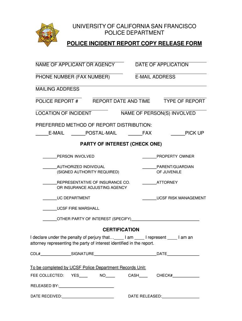 Police Incident Report Release  Form