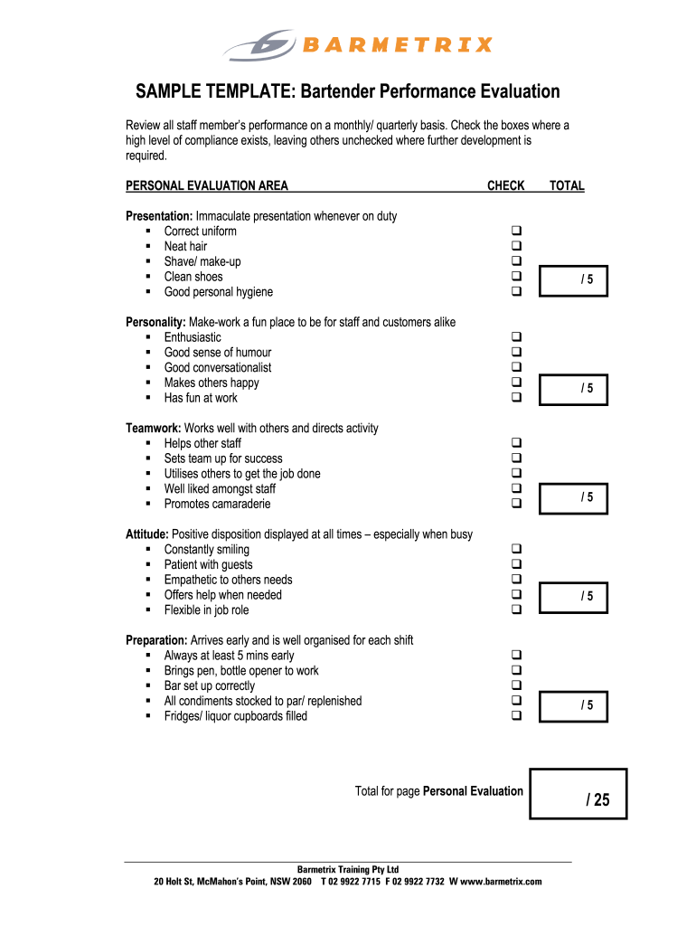 Server and Bartender General Evaluation  Form