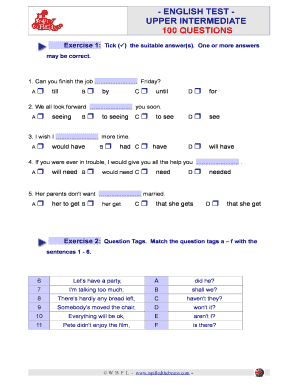English Test Upper Intermediate 100 Questions PDF  Form