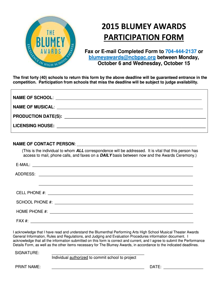  Blumey Awards Participation Form 2015