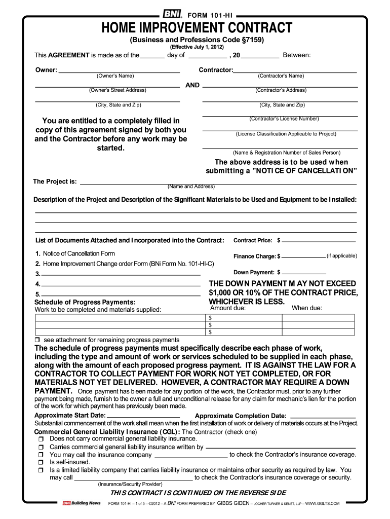FORM 101 HI HOME IMPROVEMENT CONTRACT Lord Tile