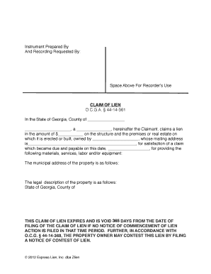 Mechanics Lien Forms Mechanics Lien Form for Georgia This Forms Should Be Filed with the County Recorder to Make a Mechanics Lie