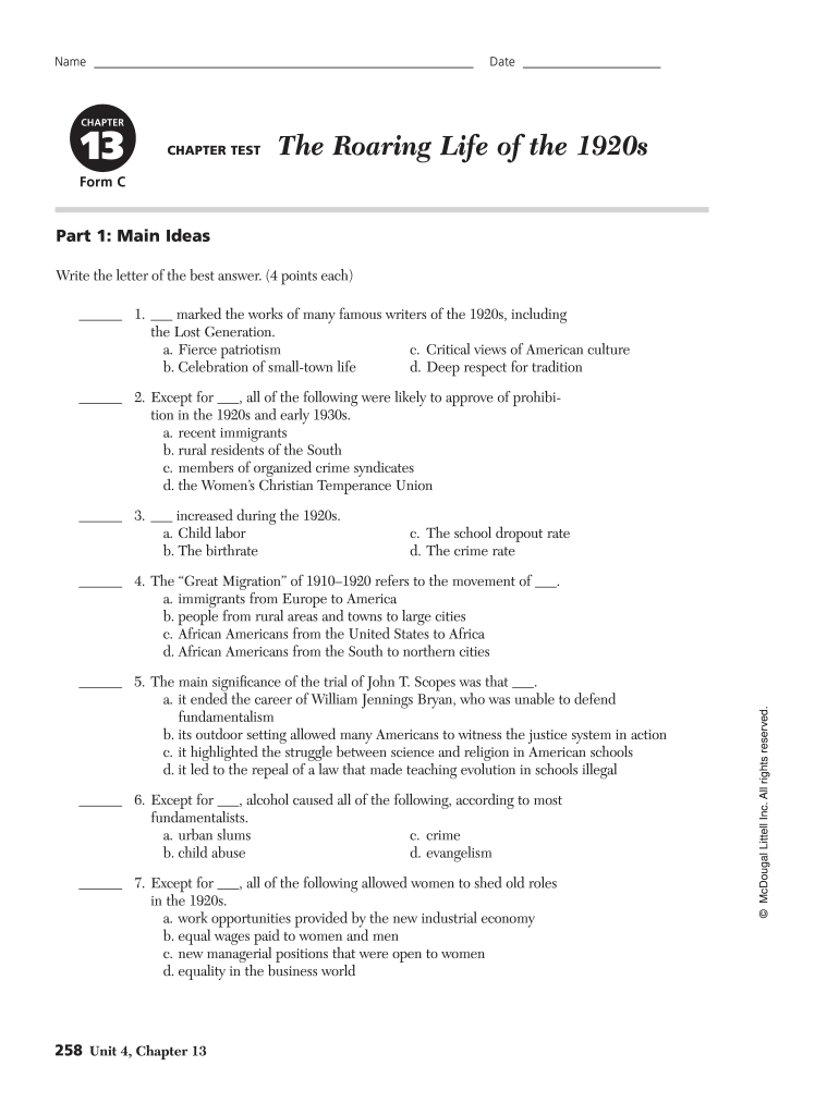 The Roaring Life of the 1920s Test  Form