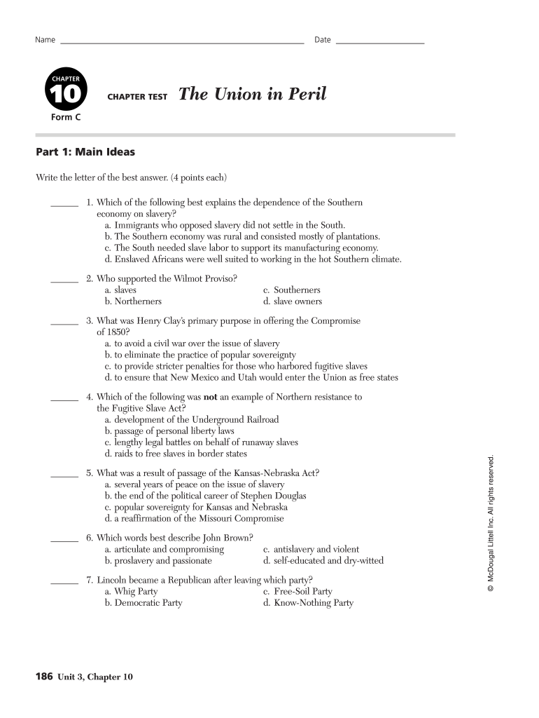 Chapter 10 the Union in Peril Worksheet Answers  Form