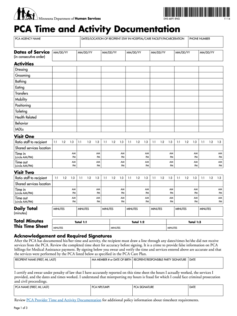 DHS 4691 ENG PCA Time and Activity Documentation This Form Should Be Submitted to Document PCA Time and Activity