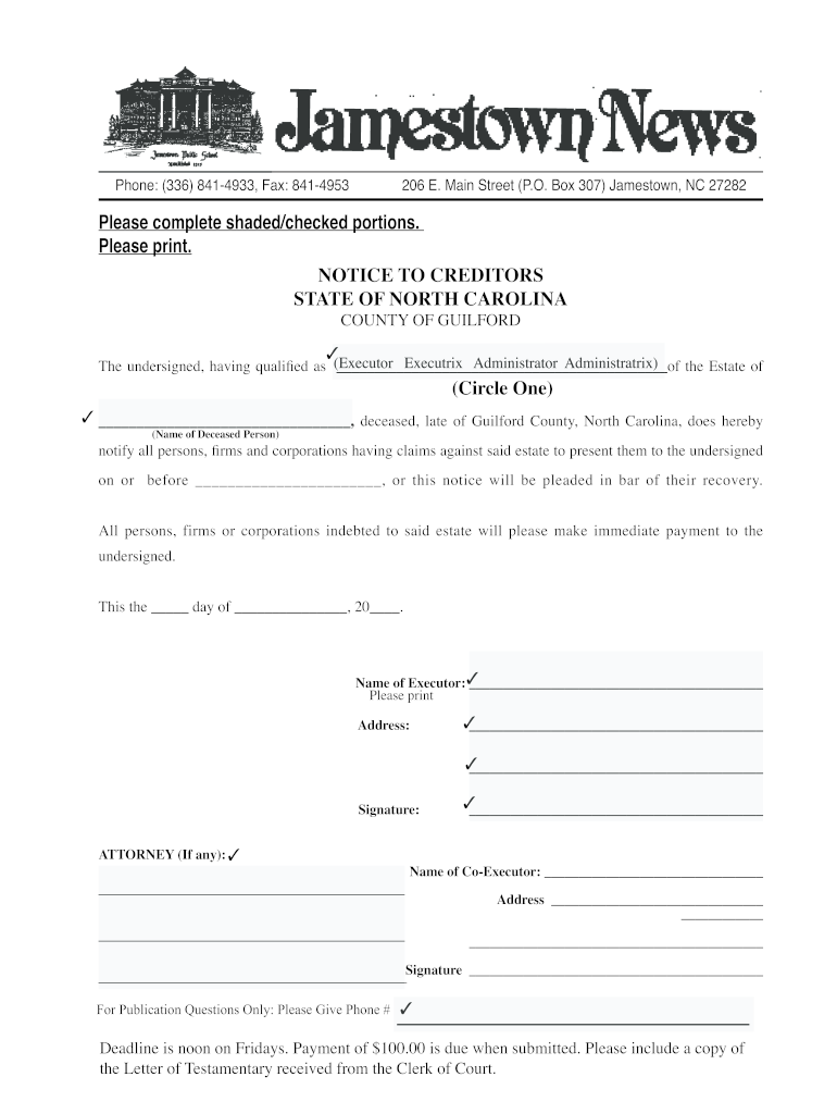 Notice to BCreditorsb Jamestown News  Form