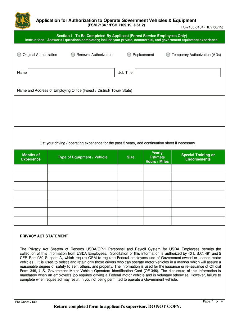 Section I to Be Completed by Applicant Forest Service Employees Only  Form