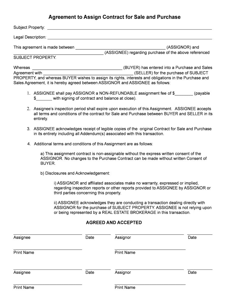 Agreement to Assign Contract for Sale and Purchase  Form