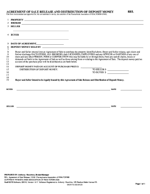 AGREEMENT of SALE RELEASE and DISTRIBUTION of DEPOSIT MONEY  Form