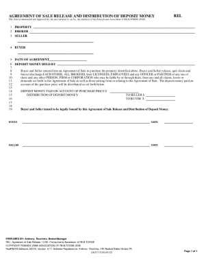 AGREEMENT of SALE RELEASE and DISTRIBUTION of DEPOSIT MONEY  Form