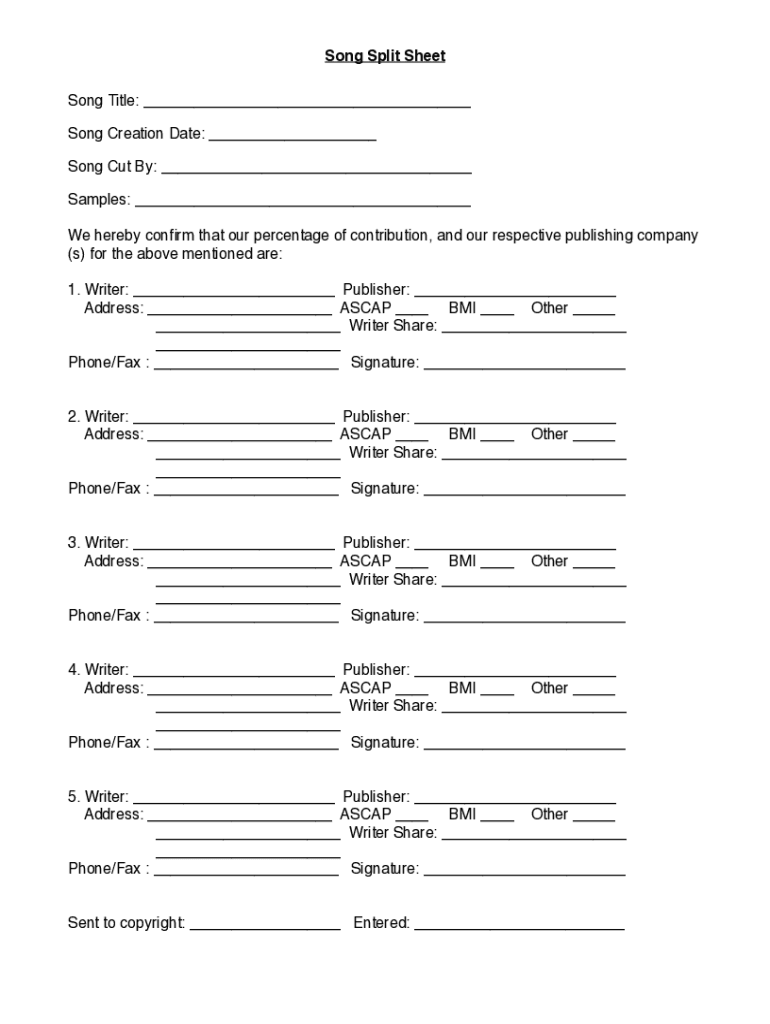 Split Sheet Espa Ol PDF  Form