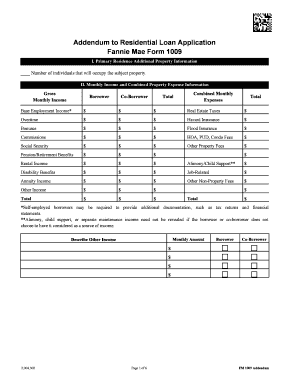 Addendum to Residential Loan Application Fannie Mae Form 1009