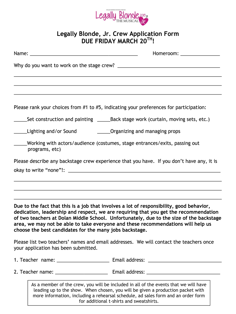  Legally Blonde Jr Crew Application Form Dolanms 2015-2024