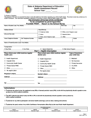 State of Alabama Department of Education Health Assessment Record School Year to Parent or Guardian the Purpose of This Form is 