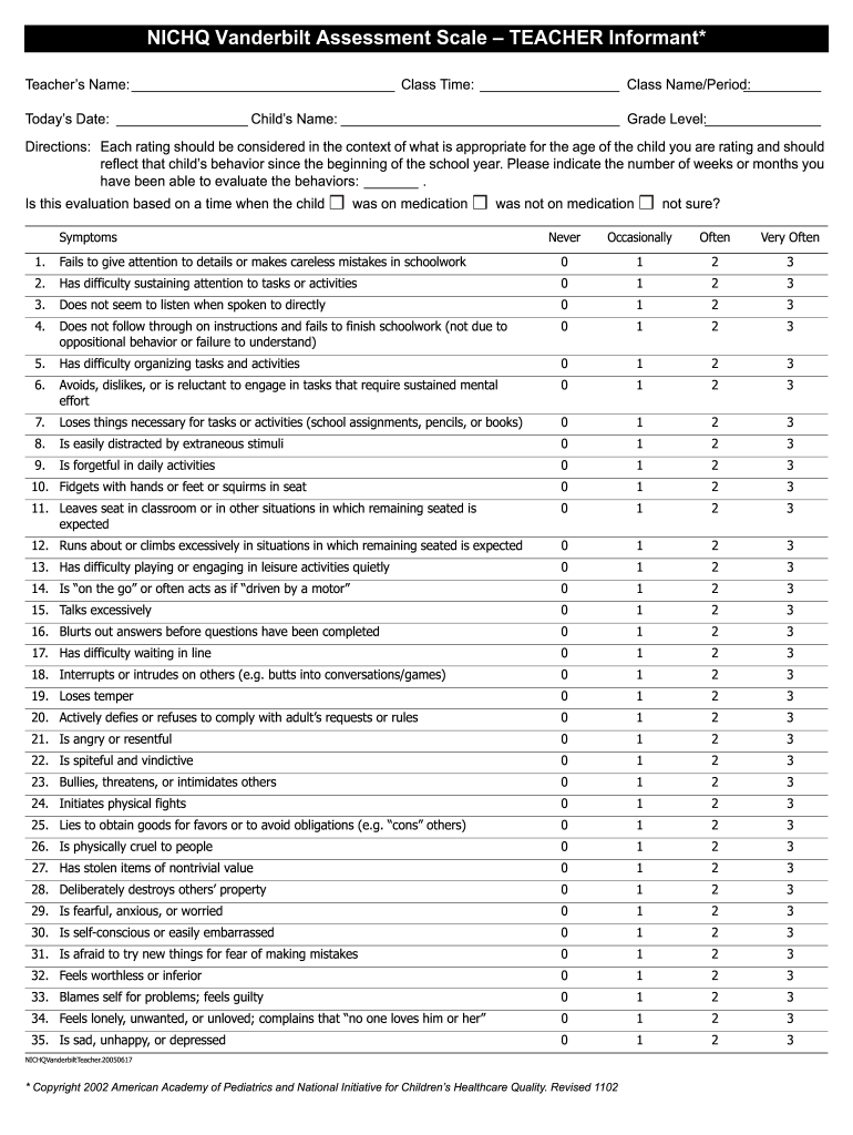 NICHQ Vanderbilt Teacher Fm  Form