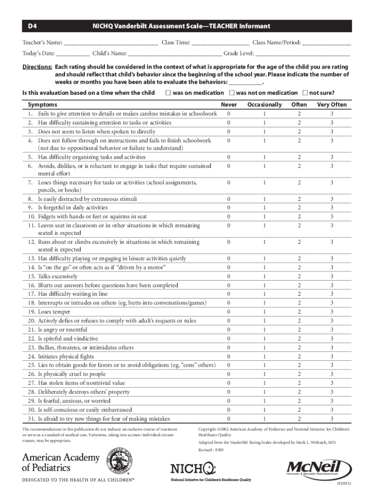 04 NICHQ Vanderbilt Assessment Scale TEACHER Informant