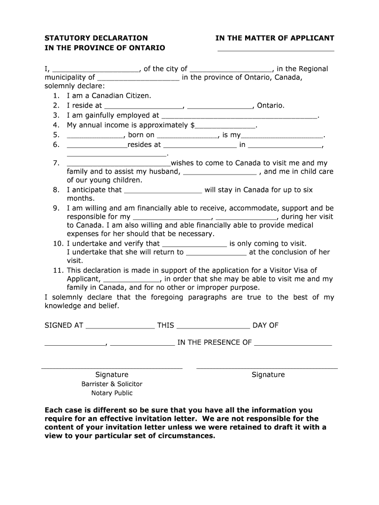 STATUTORY DECLARATION in the MATTER of APPLICANT in the  Form