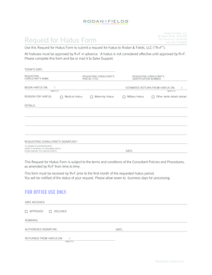 Rodan Fields LLC Request for Hiatus Form San Francisco