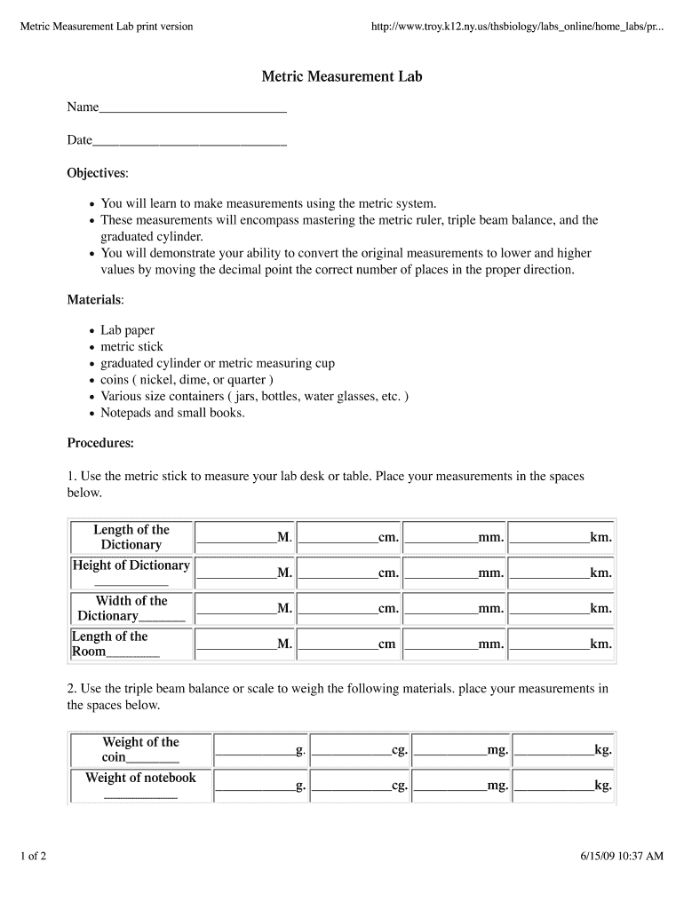 Metric Measurement Lab Print Version  Troy High School  Troy K12 Ny  Form