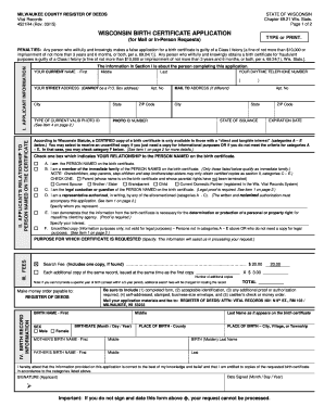 Wisconsin Birth Certificate Application County of Milwaukee County Milwaukee  Form