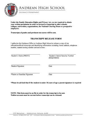 TRANSCRIPT RELEASE FORM Andrean High School Andreanhs