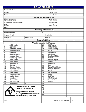 REO Rehab BID SHEET Vanguard Hard Money  Form