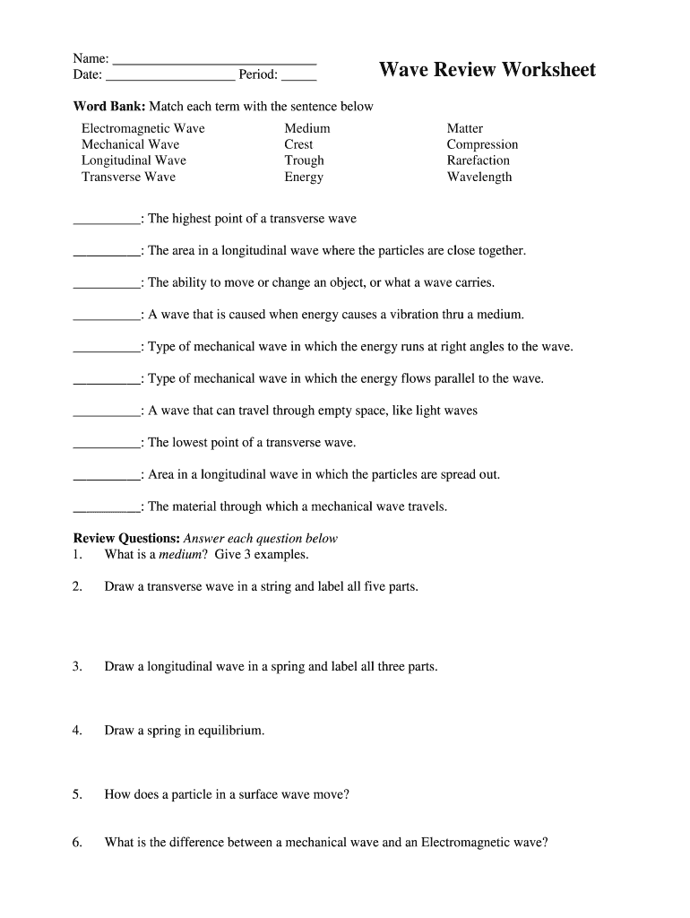Wave Review Worksheet Answer Key PDF  Form