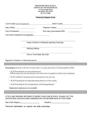 Brookline High School Transcript Request  Form