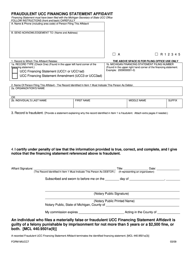 Fraudulent UCC Financing Statement Affidavit MI UCC7 Fraudulent UCC Financing Statement Affidavit MI UCC7 Mi  Form