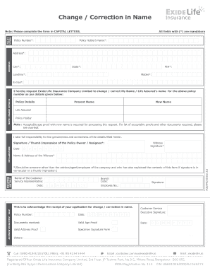 Change Correction in Name Form Noa Exide Life Insurance Exidelife