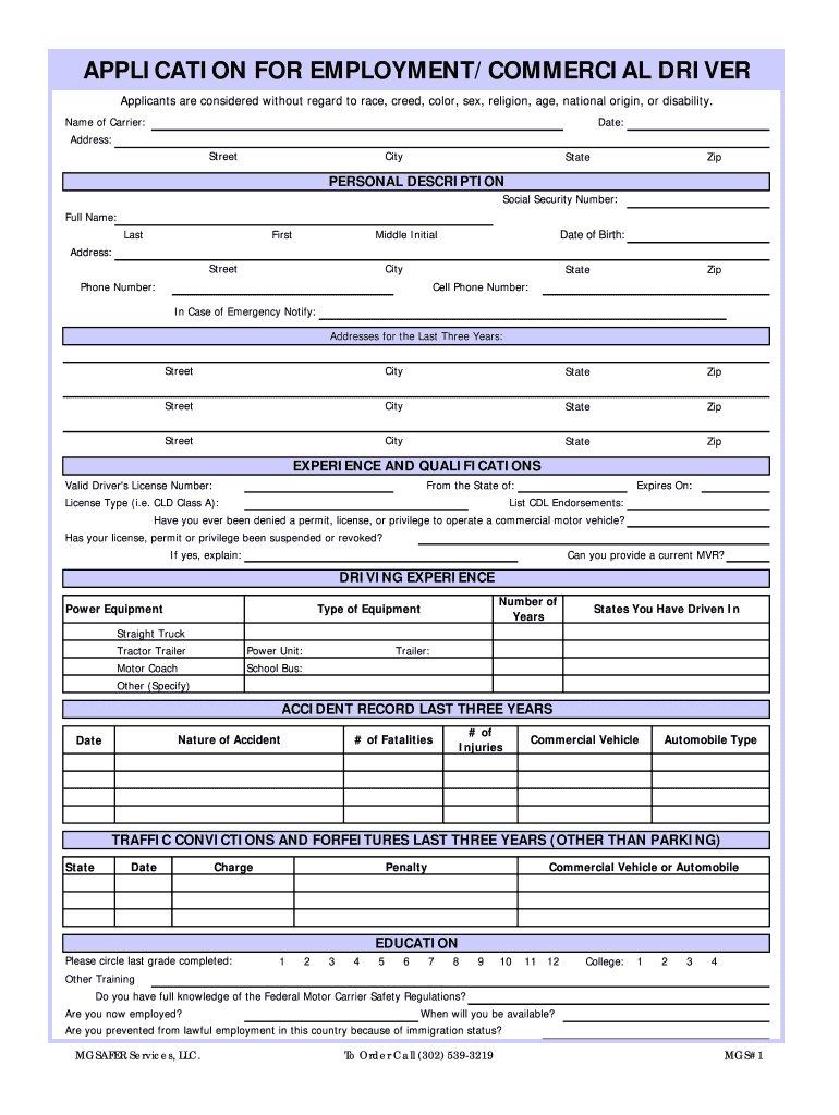 APPLICATION for EMPLOYMENTCOMMERCIAL DRIVER  Form