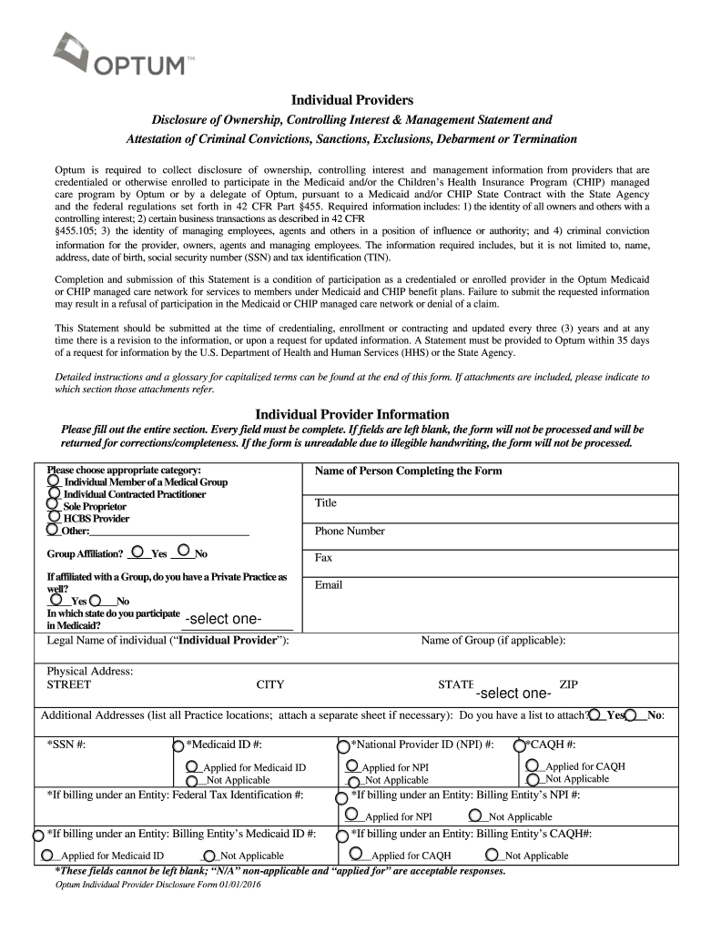  Optum Individual Provider Disclosure Form 2016-2024