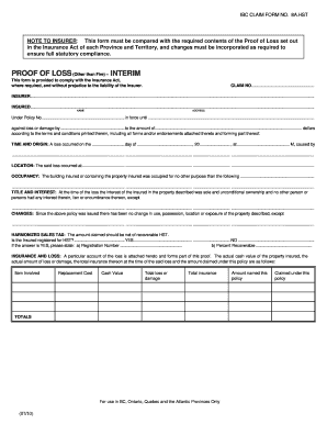 PROOF of LOSS Other Than Fire INTERIM IBC CLAIM FORM NO Ciaa Adjusters