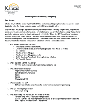 Acknowledgement of TANF Suspicion Based Drug Testing Policy Acknowledgement of TANF Suspicion Based Drug Testing Policy  Form