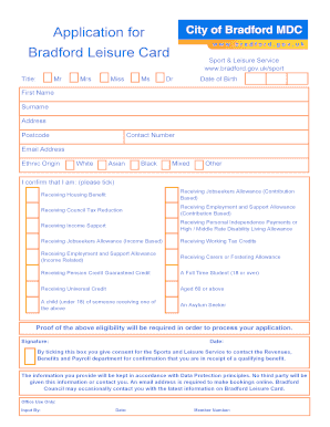Bradford Leisure Card Application  Form