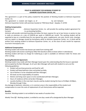 WORKING STUDENT AGREEMENT and POLICY POLICY AGREEMENT Form