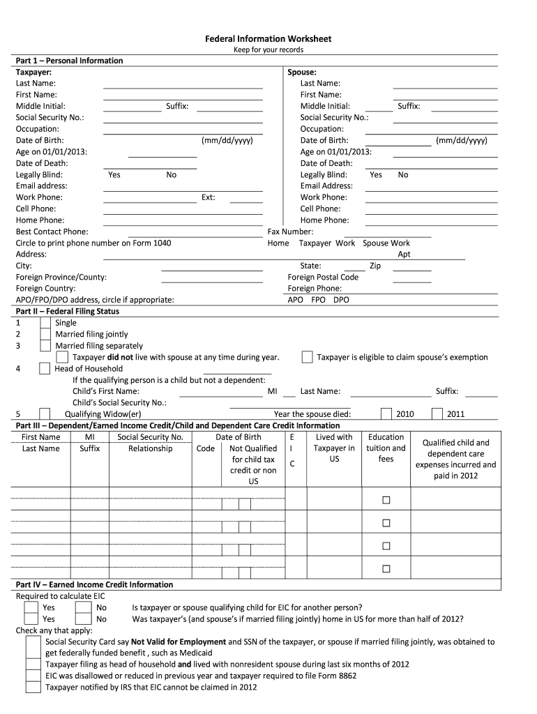  Federal Information Worksheet 2012-2024