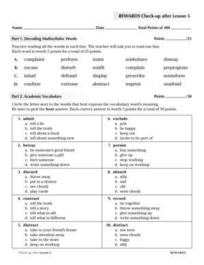 REWARDS Checkup After Lesson 5 Name Date Total Points of 100 Points Part 1  Form