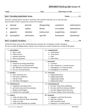 REWARDS Checkup After Lesson 10 Name Date Total Points of 100 Points Part 1  Form