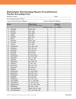 Multisyllabic Word Reading Fluency Pretest Posttest Form