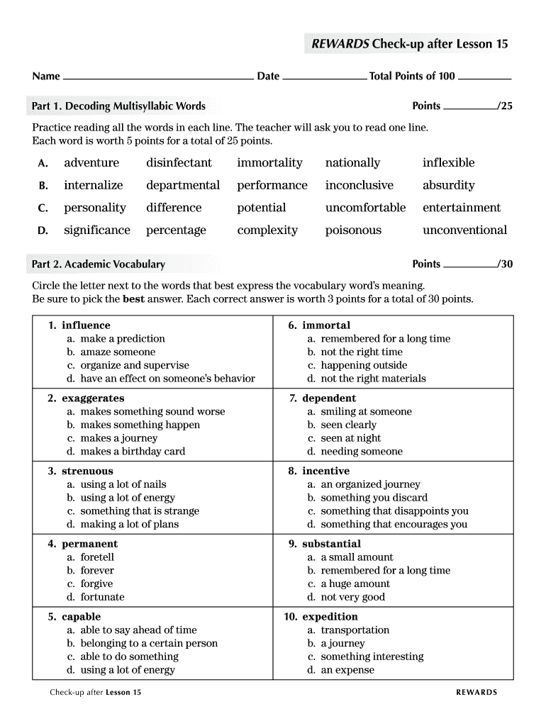 REWARDS Checkup After Lesson 15 Name Date Total Points of 100 Points Part 1  Form