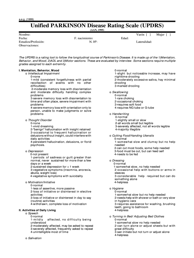 Unified PARKINSON Disease Rating Scale UPDRS  Form