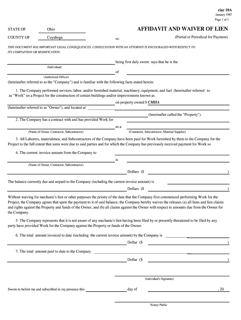  Ohio Affidavit Partial Waiver of Lien Fill in Form 1987-2024