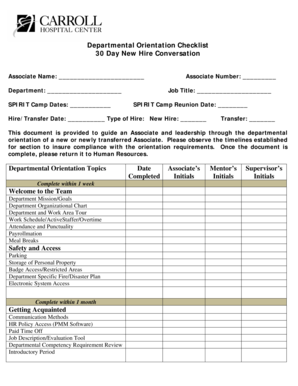 Departmental Orientation Checklist 30 Day New Hire  Form