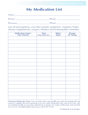 Universal Medication Form You Can Help Make Your Health Care Safer by Keeping This List