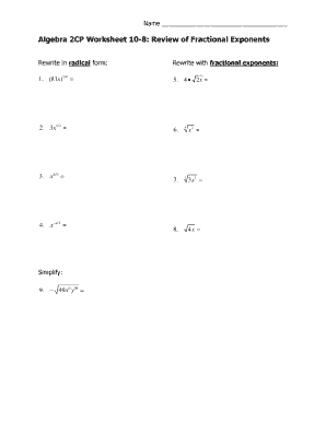 Fractional Exponents Worksheet  Form
