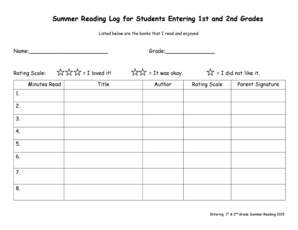 Summer Reading Log for Students Entering 1st and 2nd Grades Shoreregional  Form