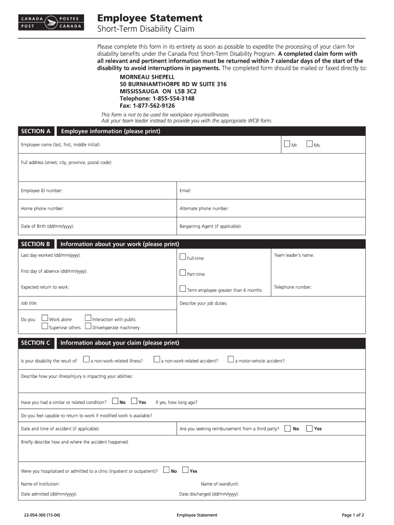 Employee Statement Short Term Disability Claim  Cupw Vancouver  Form